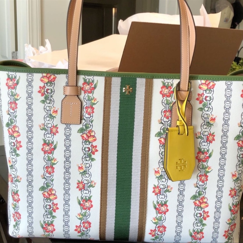 Floral emerald green Tory Burch tote.